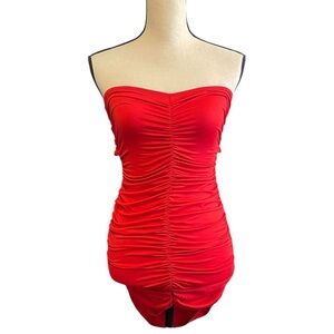 Red Ruched Tight Bodycon Strapless Tie Mini Party Sexy Cocktail Dress